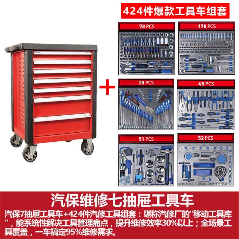 山东瑞采汽修工具车7抽屉工具车配424件工具组套